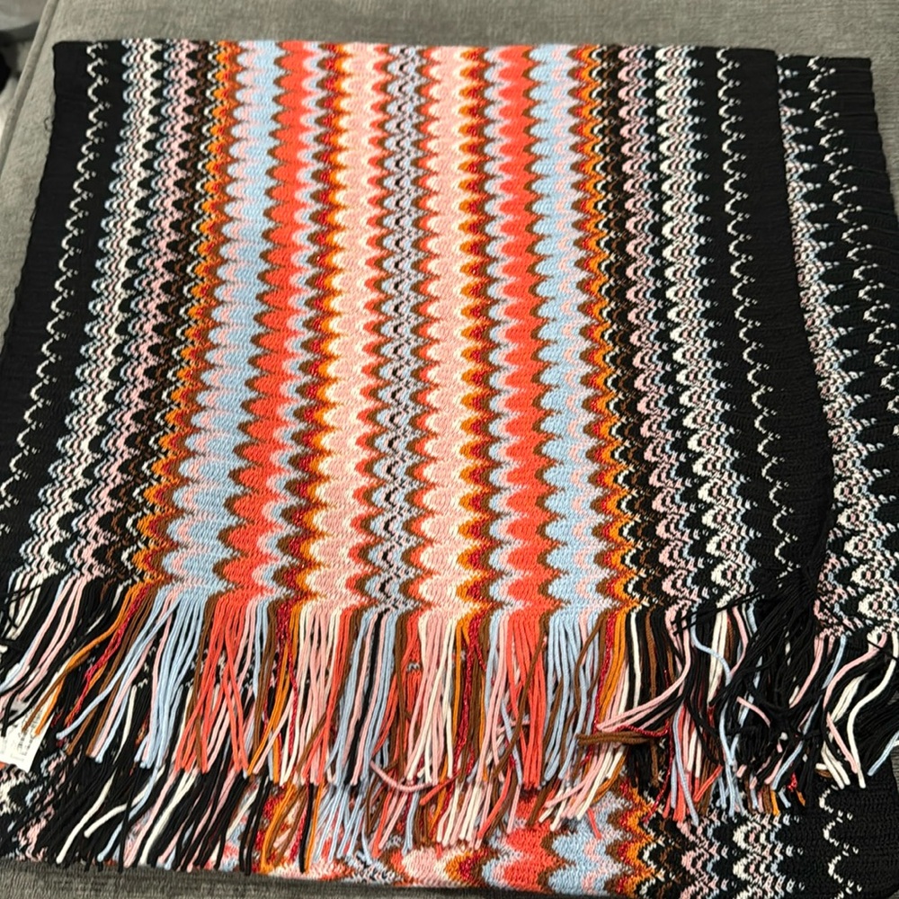 Missoni Multicolor Zigzag Knit Scarf in Black, Coral, Light Blue, White